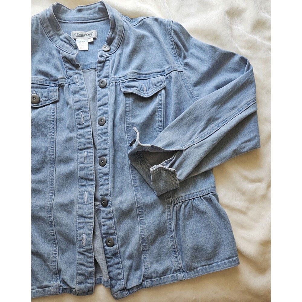 Coldwater Creek Denim Peplum Jacket Light Wash Mandarin Collar Size Med - Picture 3 of 10